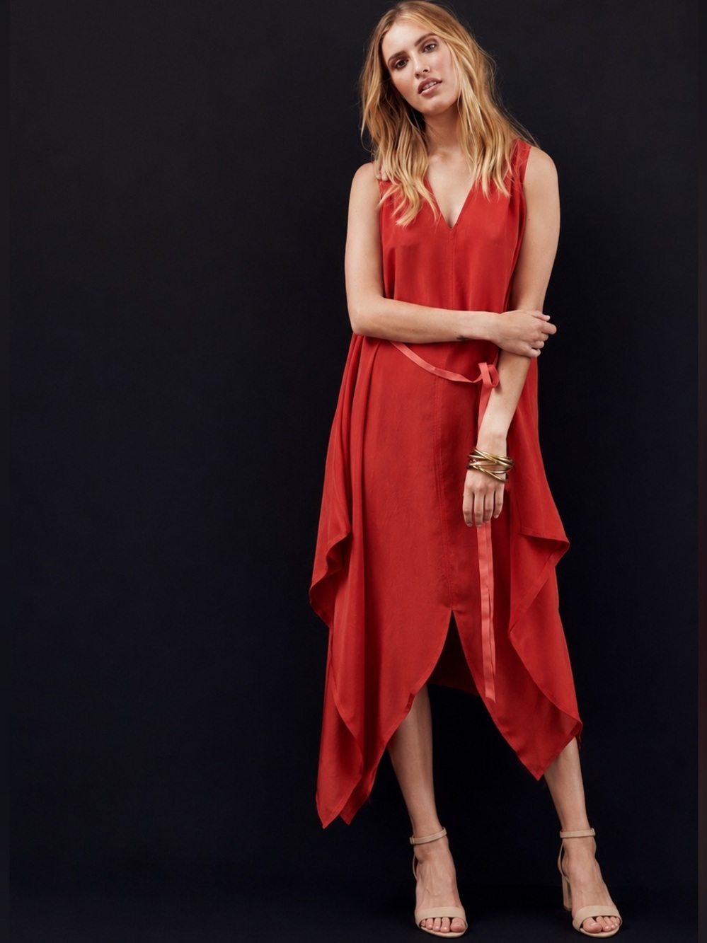 NEW European Culture Trapeze Red/Orange Silky Sleeveless Tie Waist Cocoon Dress